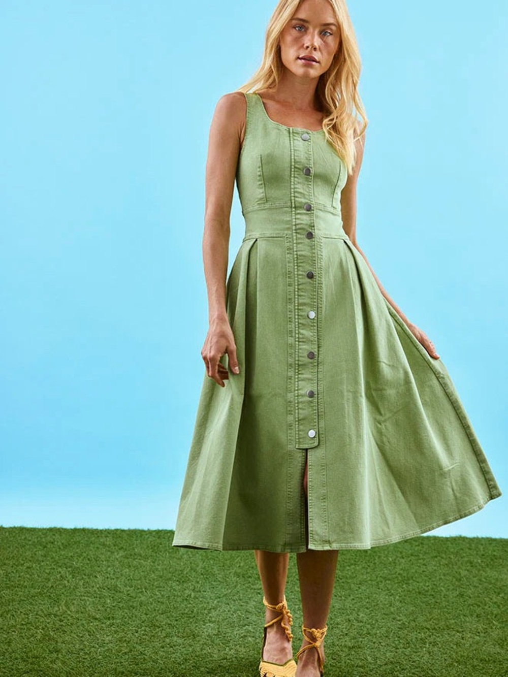HUNTER BELL Olive Green Button-Front Midi Dress